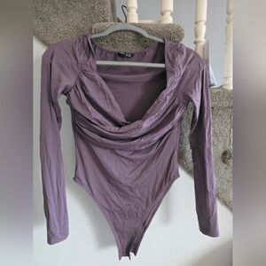 SHEIN Mauve Drape Neck Long Sleeve Bodysuit